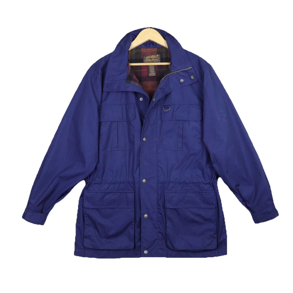 Eddie Bauer Parka Coat Jacket Men Large Plaid Wool Lining Mountain Parka Blue